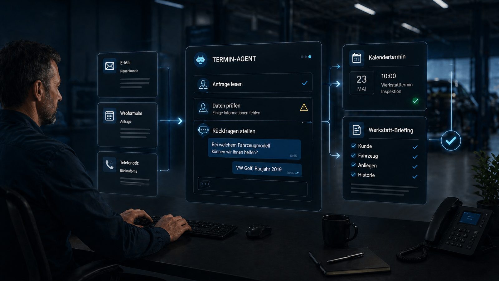 Termin-Agent Workflow: Anfrage lesen, Daten prüfen, Rückfrage stellen, Kalendertermin anlegen, Werkstatt-Briefing erstellen