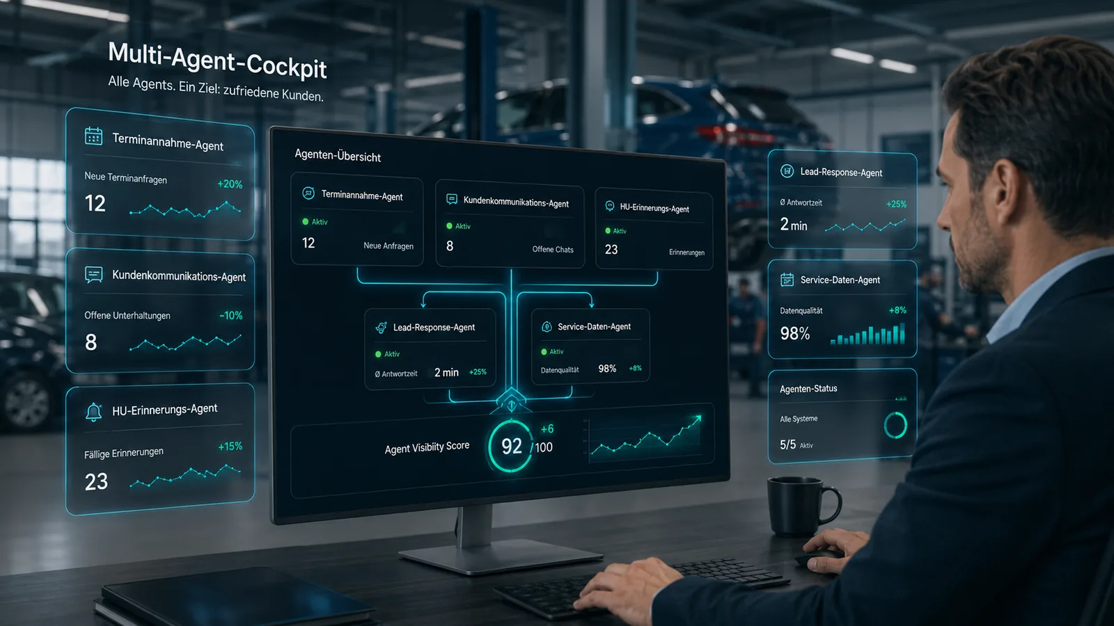 Multi-Agent-Cockpit Autohaus mit Agent Visibility Score 92/100: Terminagent, Kundenkommunikation, HU-Reminder und Lead-Response in einer Übersicht
