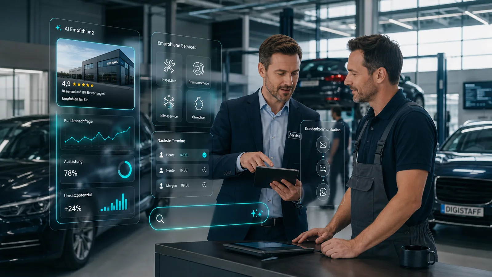 KI-Empfehlung Autohaus: Berater und Werkstattinhaber sehen KI-Empfehlungs-Panel mit Agent Visibility Score und empfohlenen Services