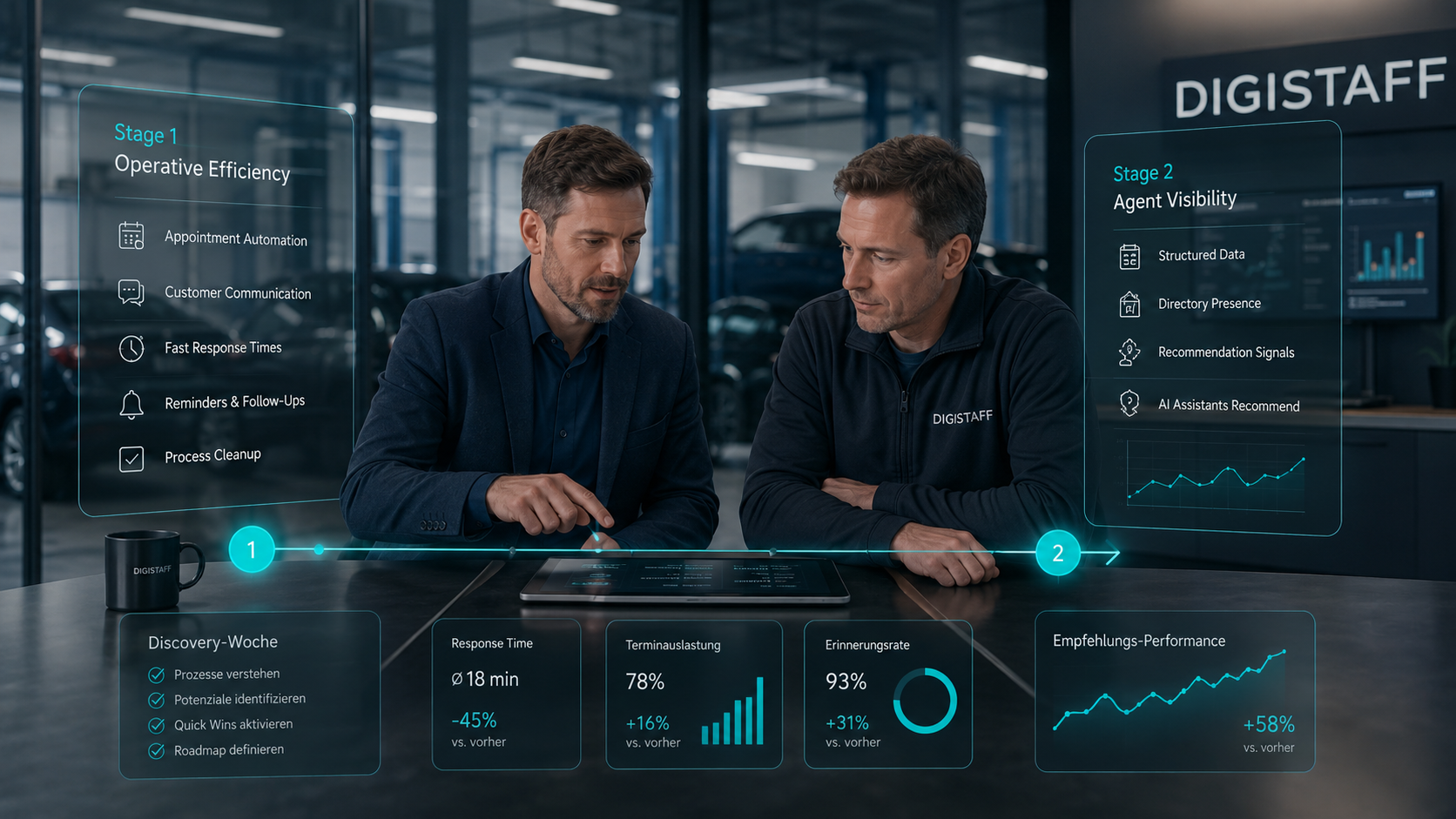 DIGISTAFF zweistufiges Framework: Stage 1 Operative Efficiency und Stage 2 Agent Visibility mit messbaren KPIs