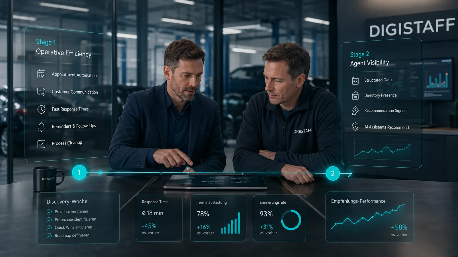 DIGISTAFF zweistufiges Framework: Stage 1 Operative Efficiency und Stage 2 Agent Visibility mit messbaren KPIs