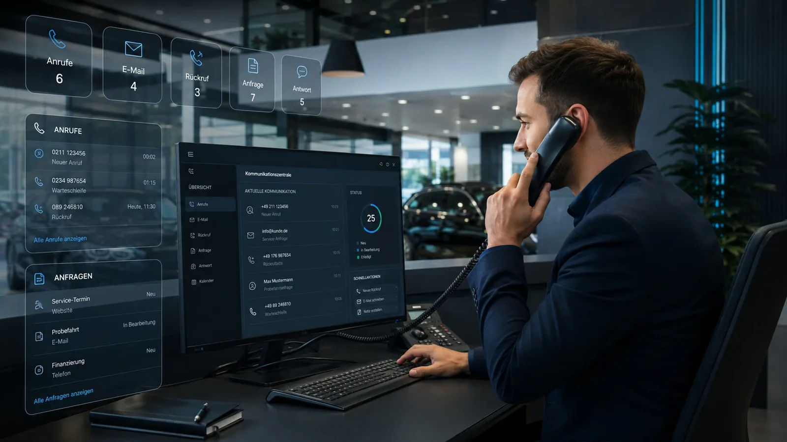 Werkstatt-Erreichbarkeit: Serviceberater am Telefon während Kunden an der Theke warten