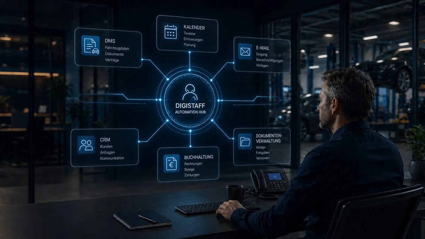 DIGISTAFF Automation Hub: zentrale Werkstatt-Plattform mit DMS, Kalender, E-Mail, CRM, Buchhaltung und Dokumenten-Verwaltung