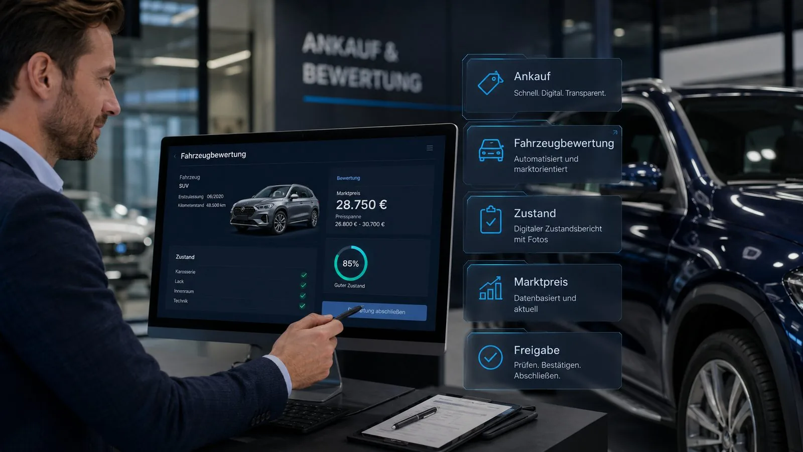 Verkäufer prüft eine digitale Fahrzeugbewertung mit Marktpreis und Zustandsbericht für die Inzahlungnahme im Autohaus