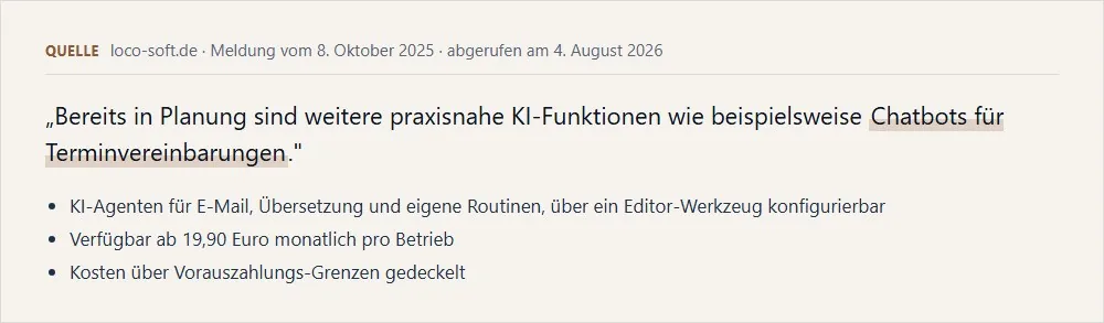Beleg: Ankündigung der KI-Integration von Loco-Soft mit Siteware vom Oktober 2025 samt Ausblick auf Chatbots für Terminvereinbarungen