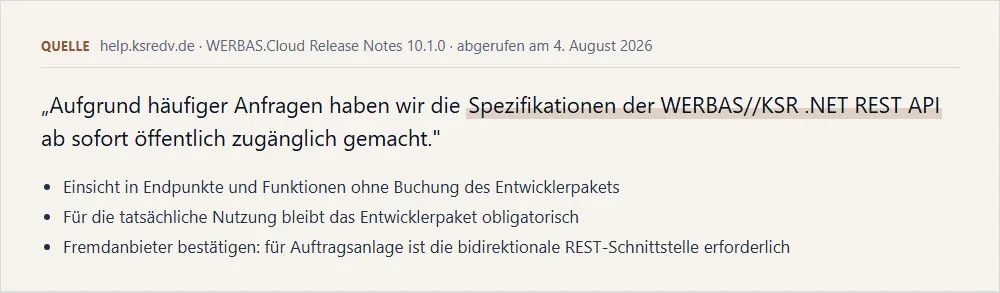 WERBAS Release Notes 10.1.0: REST-API-Spezifikation öffentlich zugänglich, Entwicklerpaket weiterhin nötig