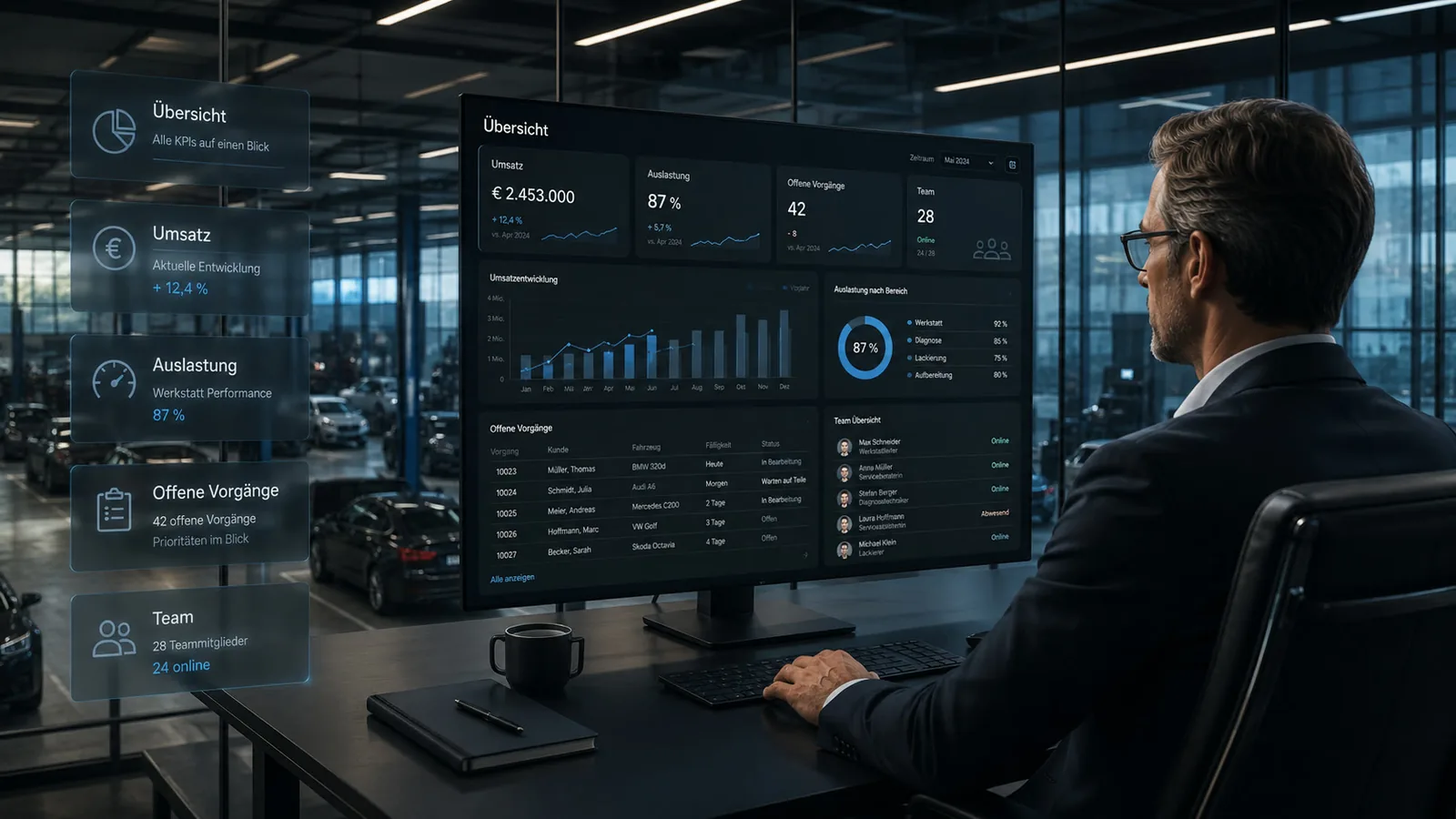 Autohaus-Inhaber analysiert Umsatzdaten im Dashboard, Buchhaltung und Controlling automatisiert mit DIGISTAFF