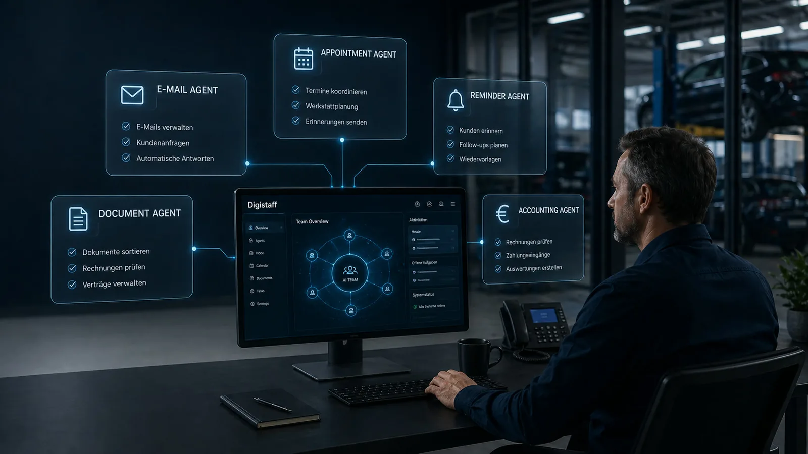 KI-Agent vs Chatbot im Autohaus: DIGISTAFF Werkstatt-Cockpit mit fünf spezialisierten Agenten für Termin, Erinnerung, Dokumente, E-Mail und Abrechnung
