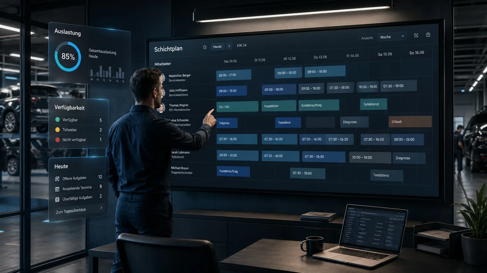 Werkstatt Zeitfresser vermeiden: digitaler Schichtplan an der Wand mit Auslastung, Verfügbarkeit und Tagesplanung