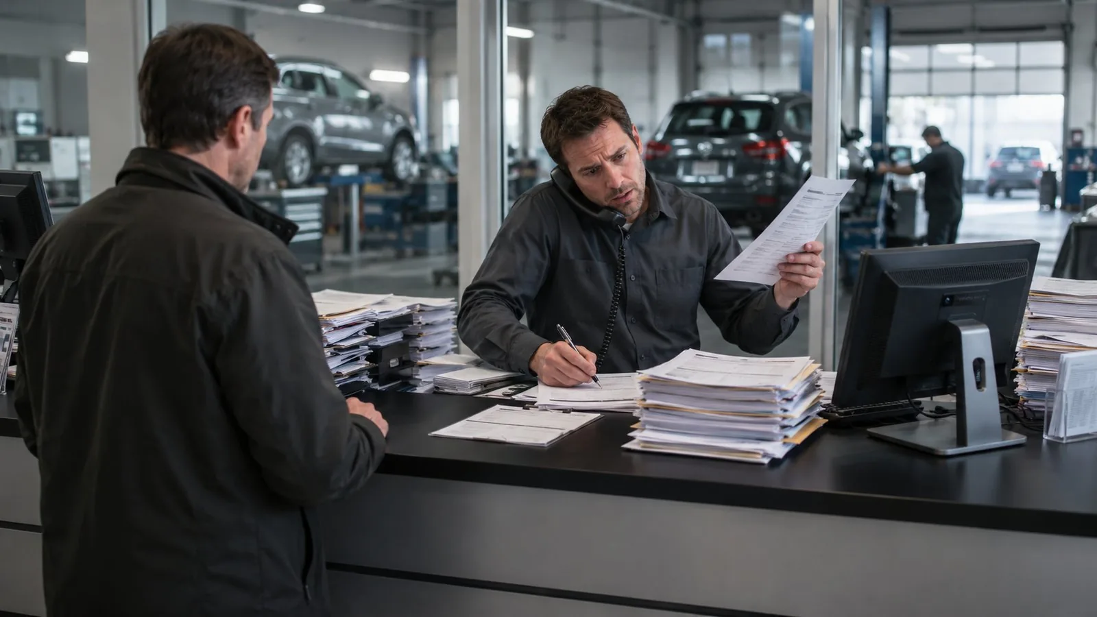 Serviceberater im Autohaus telefoniert und schreibt gleichzeitig, während ein Kunde am Tresen wartet