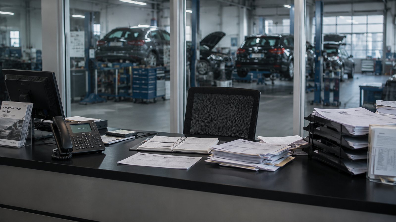 Leerer Serviceberater-Schreibtisch im Autohaus als Symbol für Fluktuation und Fachkräftemangel