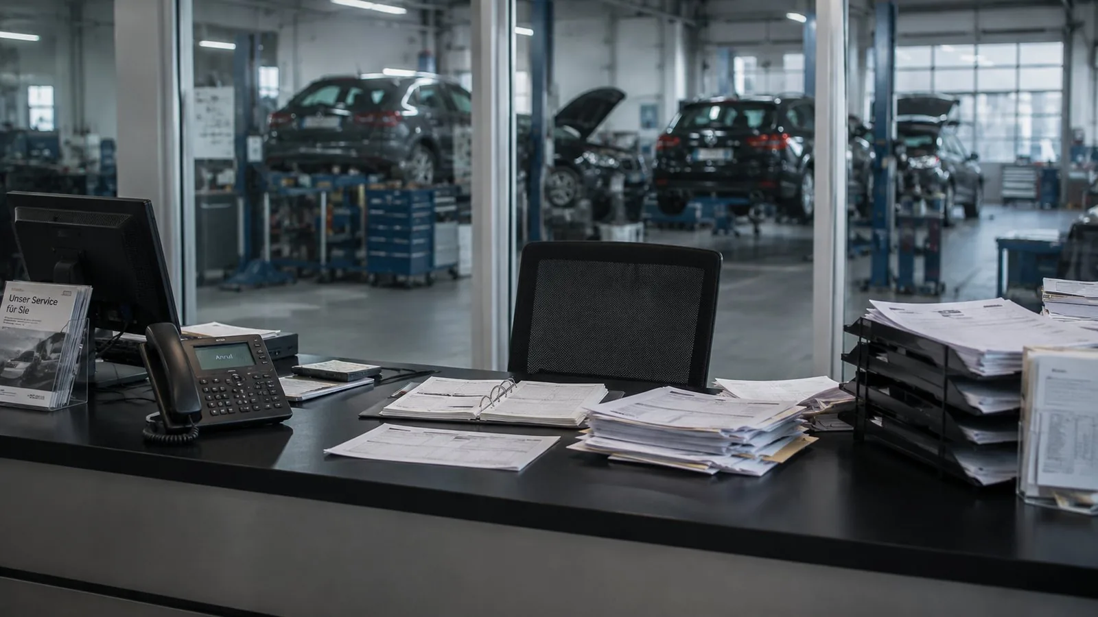 Leerer Serviceberater-Schreibtisch im Autohaus als Symbol für Fluktuation und Fachkräftemangel