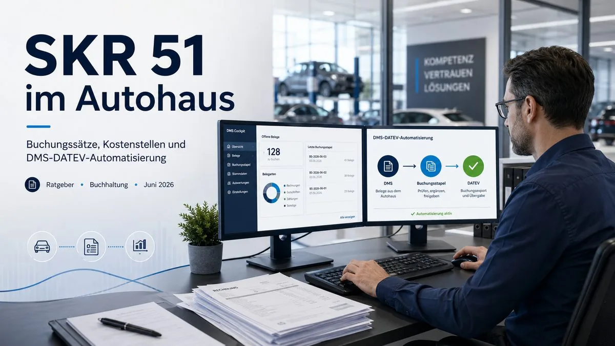 SKR51 im Autohaus: Buchhalter am Dual-Monitor mit DMS und DATEV-Automatisierung
