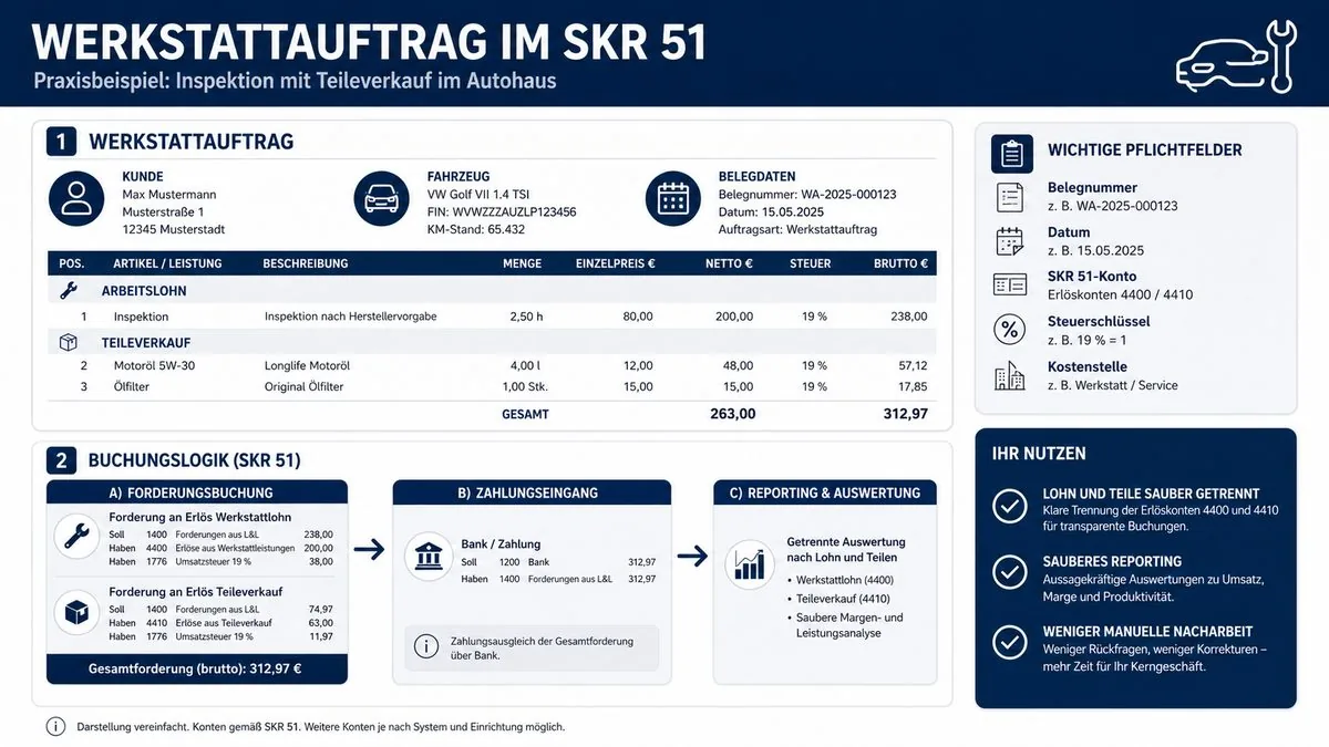 Infografik: Werkstattauftrag im SKR51, Buchungslogik, Zahlungseingang und CI-Reporting im Autohaus
