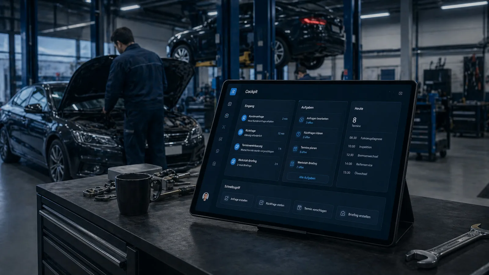 Werkstatt-Statusmeldung: Serviceberater mit Tablet am Fahrzeug, digitale Statusübersicht