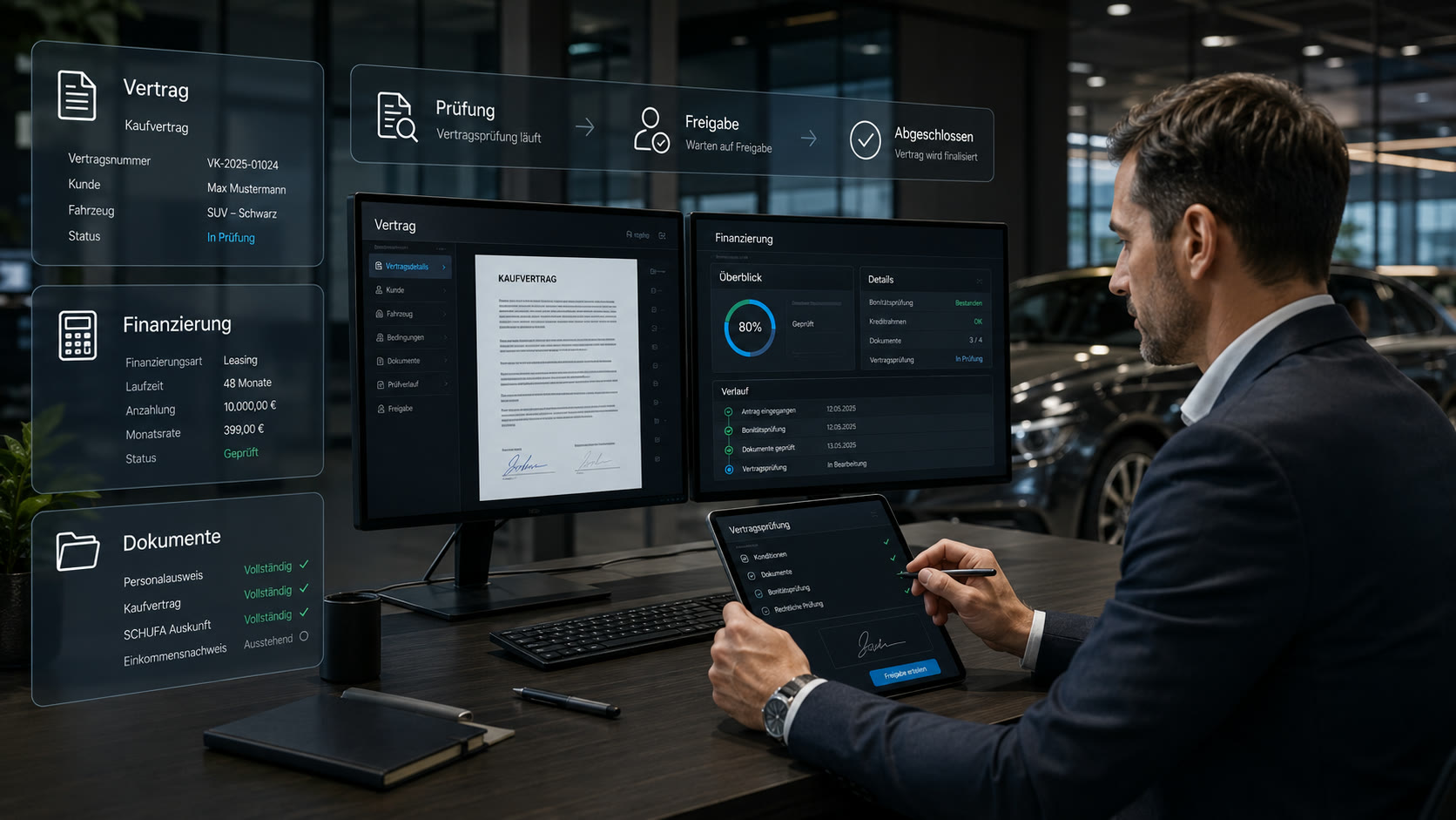 Automatisierung Werkstatt Preis: Autohaus-Inhaber prüft Vertrag und Finanzierung mit digitalem System