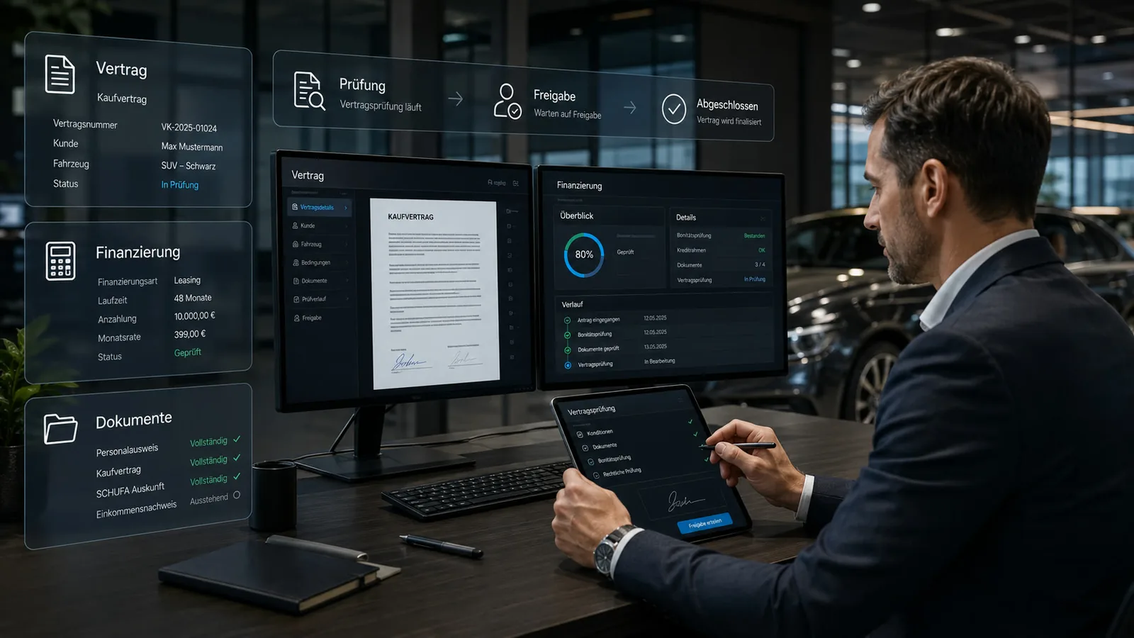 Automatisierung Werkstatt Preis: Autohaus-Inhaber prüft Vertrag und Finanzierung mit digitalem System