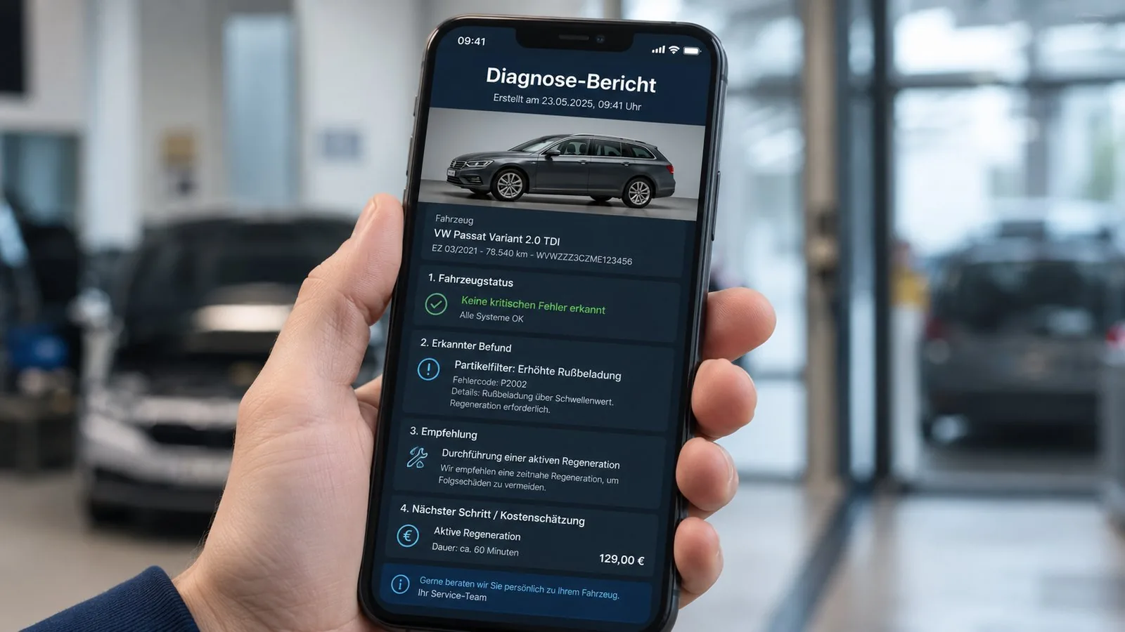 Smartphone zeigt automatisch generierten Werkstatt-Diagnose-Bericht mit Fahrzeugfoto