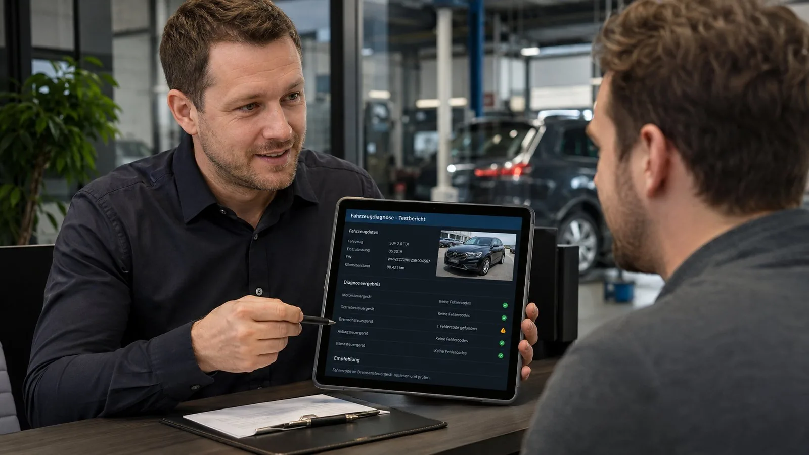 Serviceberater zeigt Diagnose-Report mit Fahrzeugfoto auf Tablet an Werkstattkunden