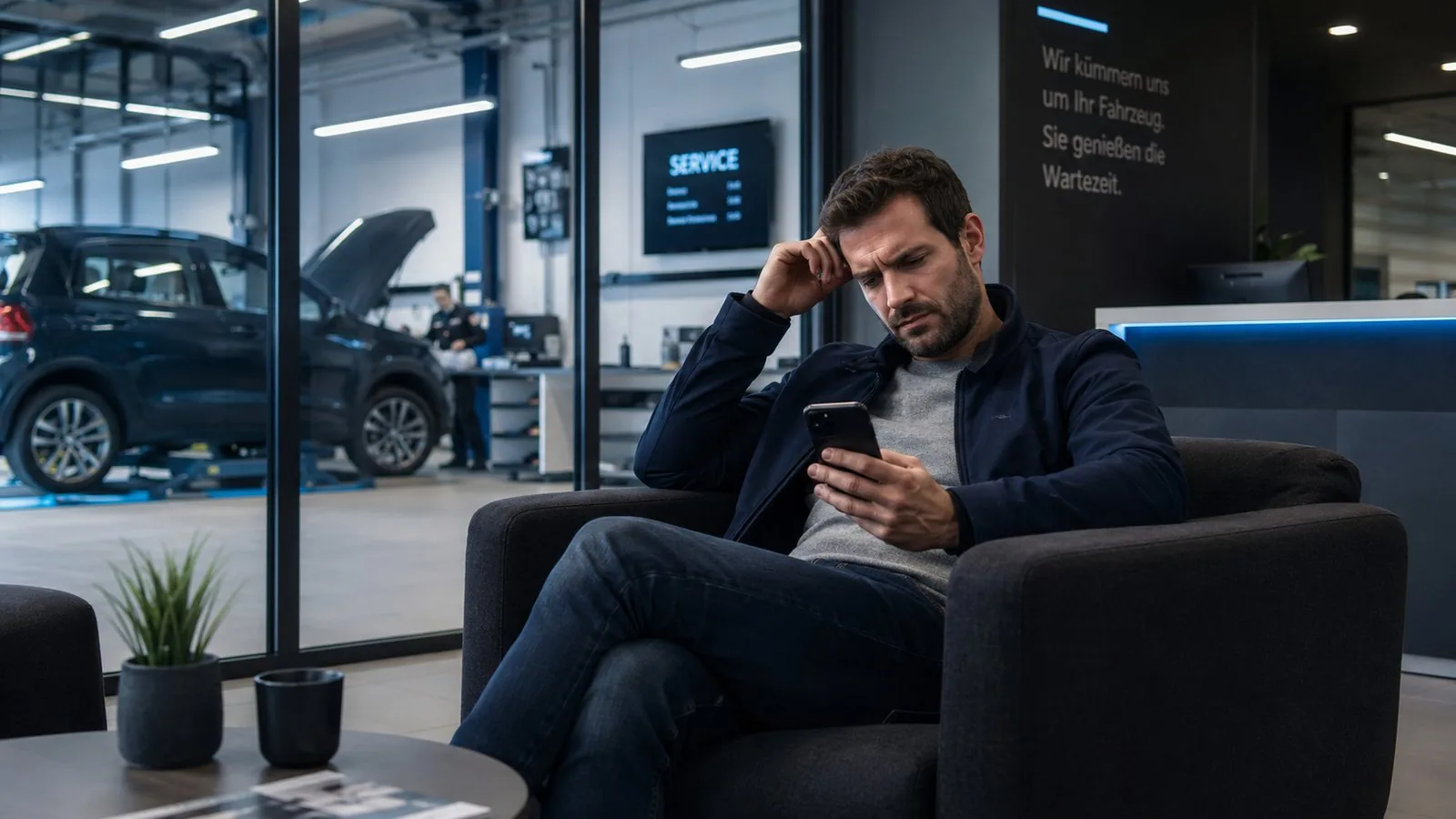Kunde wartet mit dem Smartphone auf eine Rückmeldung der Werkstatt
