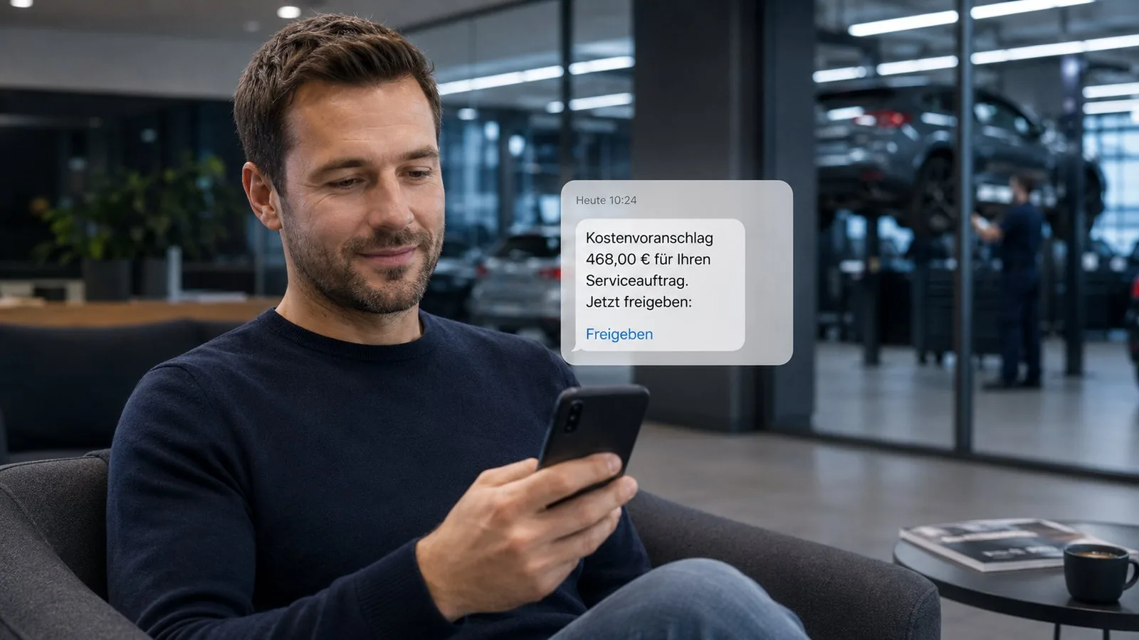 Kunde erhält automatische Terminerinnerung der Werkstatt als Nachricht auf dem Smartphone