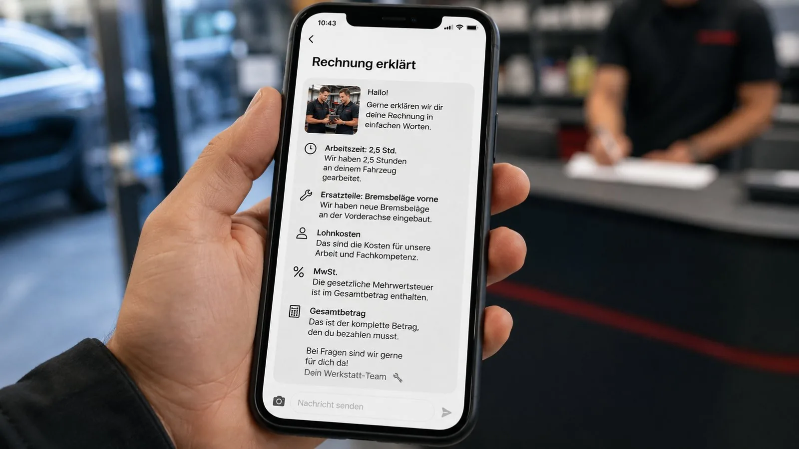Smartphone zeigt automatische Rechnungserklärung in Klarsprache als Nachricht vom Autohaus