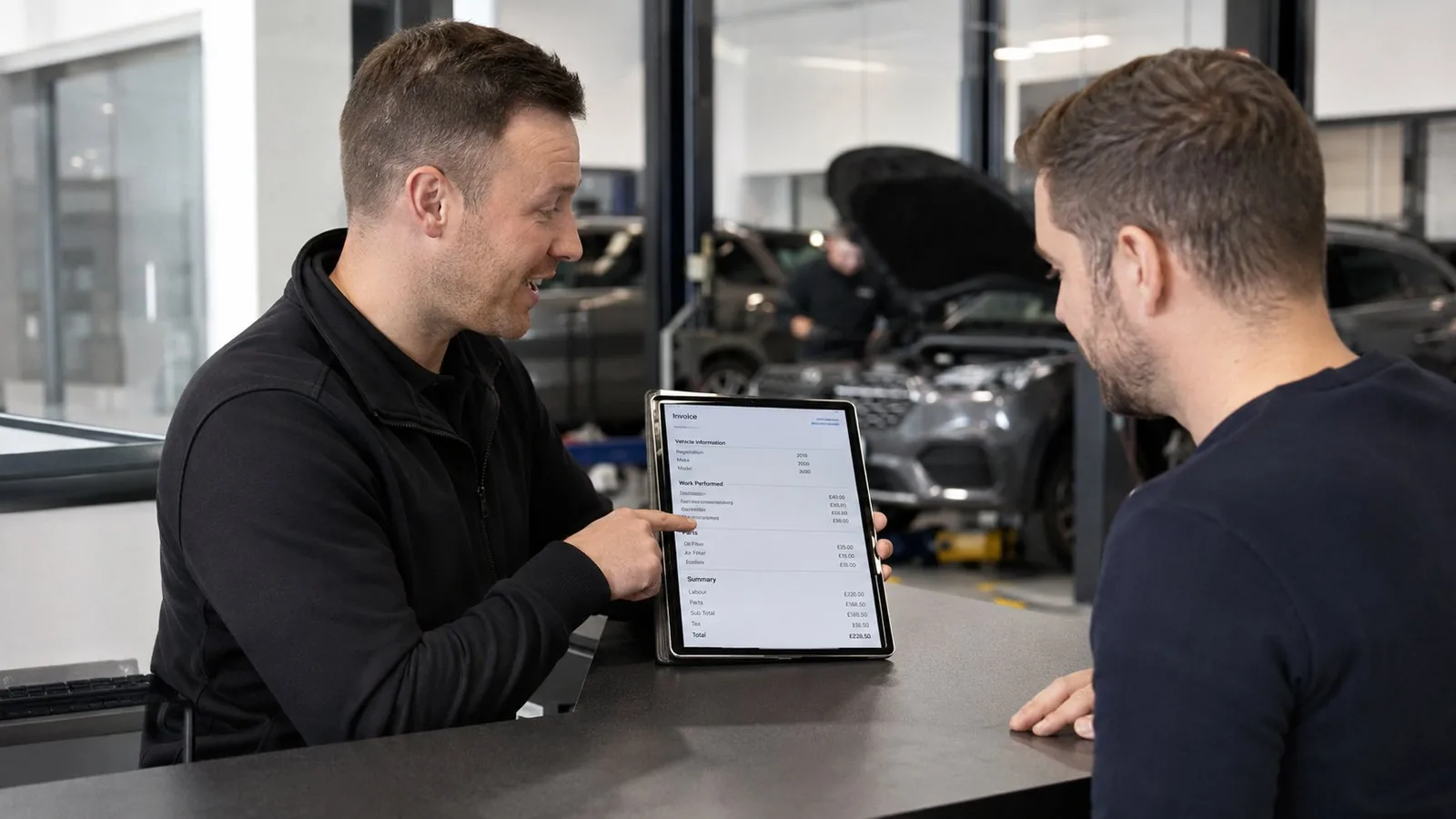 Serviceberater erklärt Werkstattrechnung auf Tablet an Kunden am Empfangstresen