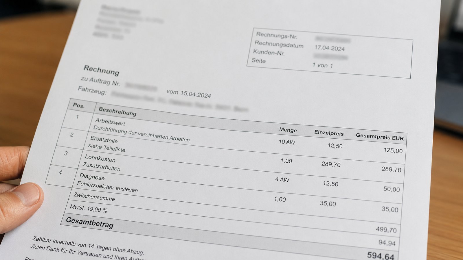 Nahaufnahme einer Werkstattrechnung mit Positionen AW, UPE und Lohnkosten
