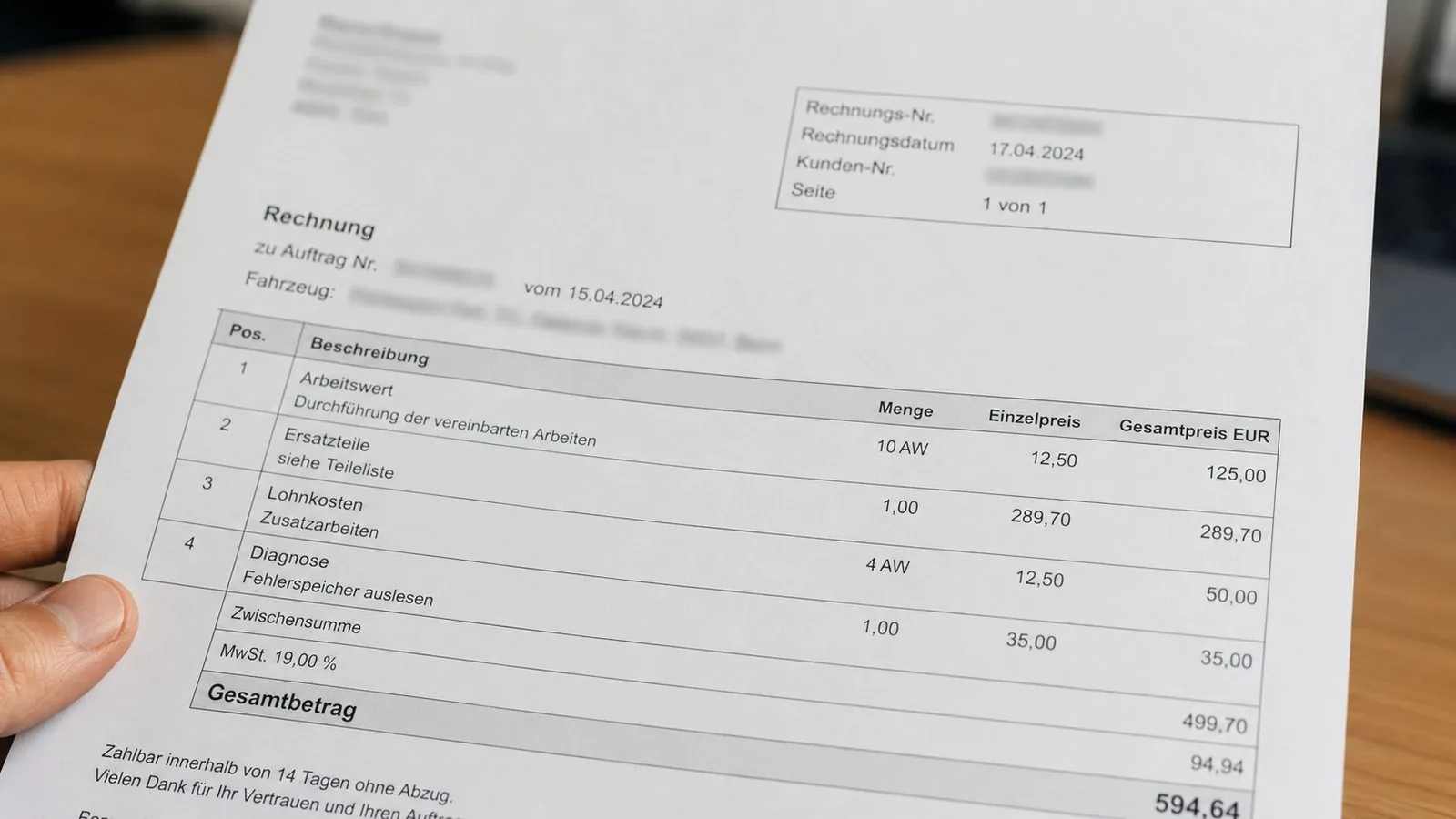 E-Rechnung im Autohaus: Rechnung in Nahaufnahme, die künftig als strukturierter Datensatz XRechnung oder ZUGFeRD vorliegt